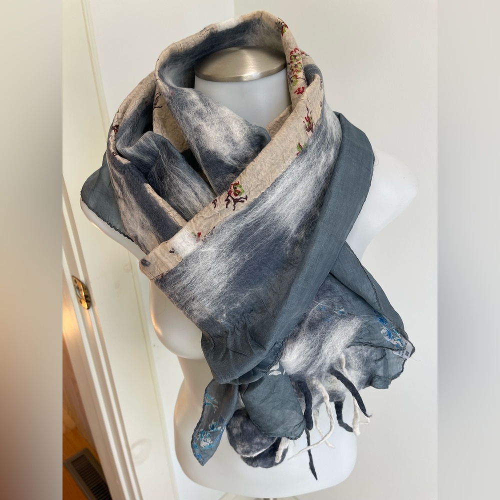 Bluish Denim/Gray Nuno Felted Wool and Saree Silk Women's Scarf with Cream Trim